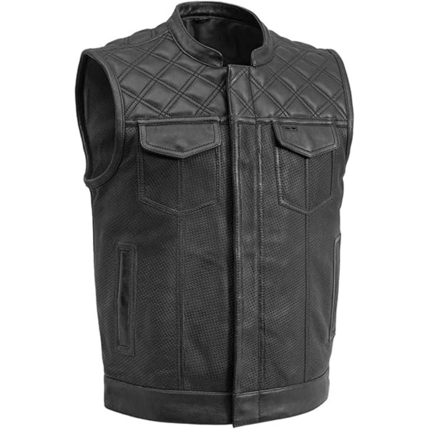 Black leather vest with quilted design on a white background