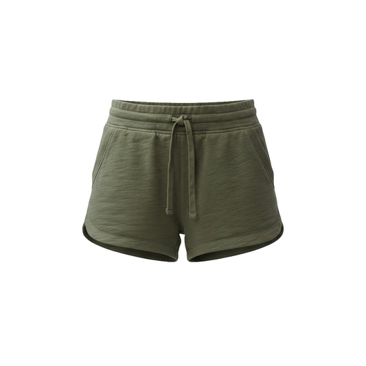 Green shorts with a drawstring on a white background