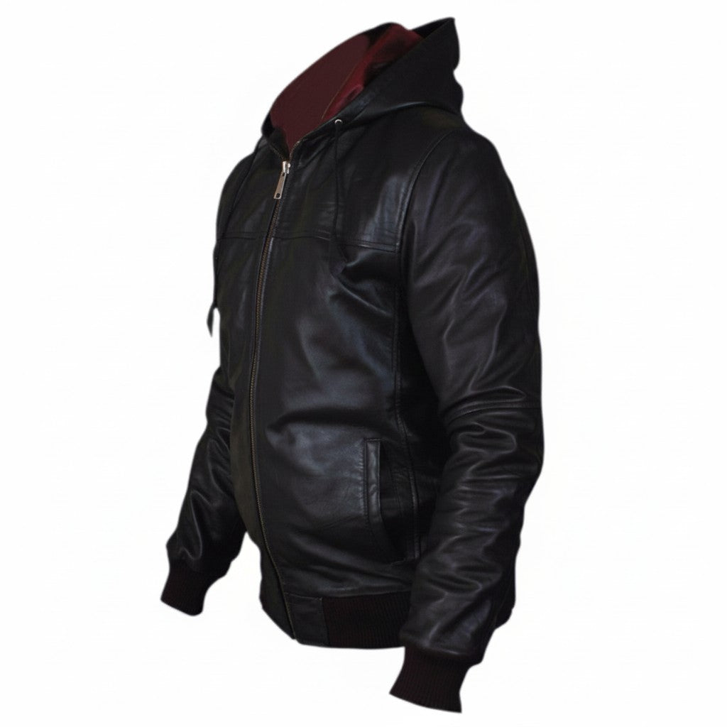 Black leather jacket with a red hood on a white background