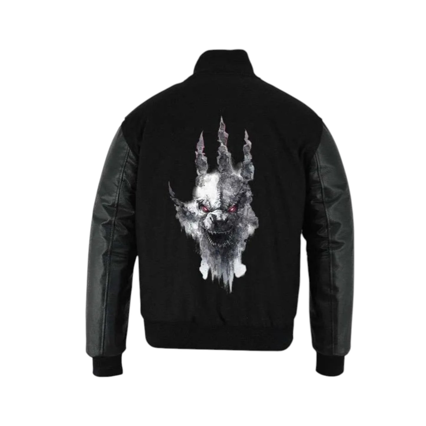 Black jacket with a graphic design on the back against a white background