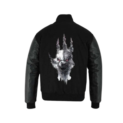 Black jacket with a graphic design on the back against a white background