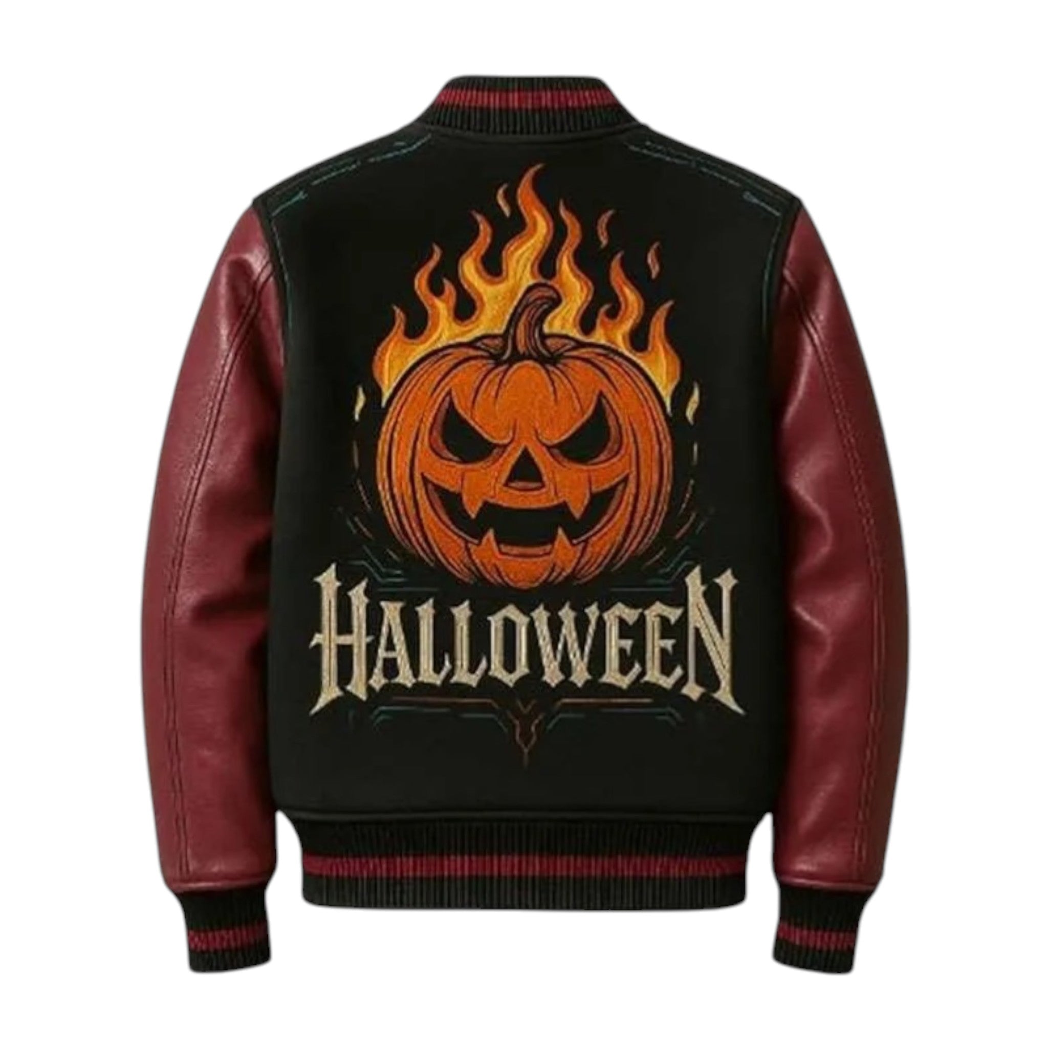 Black jacket with red leather sleeves featuring a Halloween pumpkin design on the back.