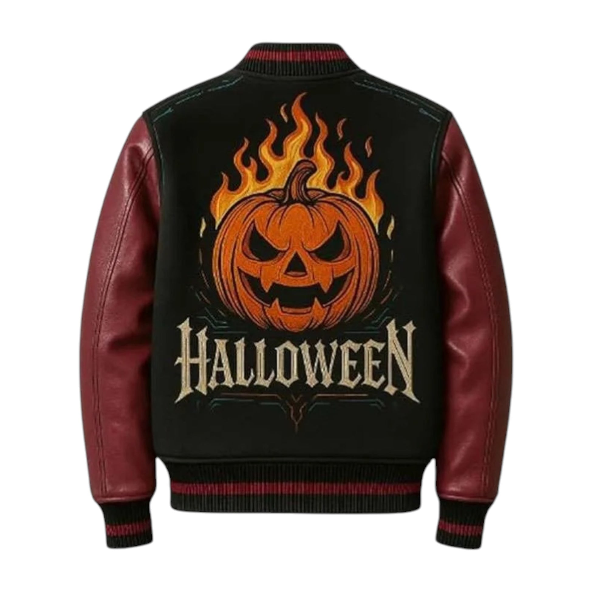 Black jacket with red leather sleeves featuring a Halloween pumpkin design on the back.