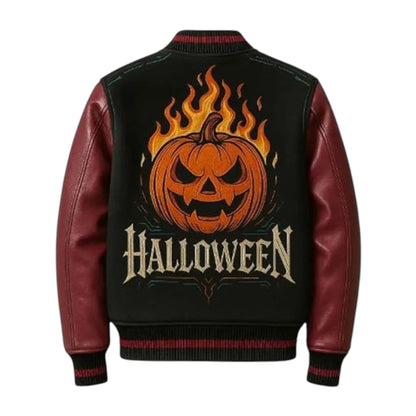 Black jacket with red leather sleeves featuring a Halloween pumpkin design on the back.