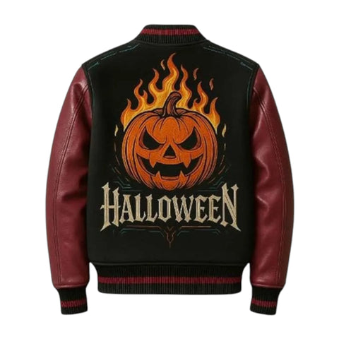 Black jacket with red leather sleeves featuring a Halloween pumpkin design on the back.