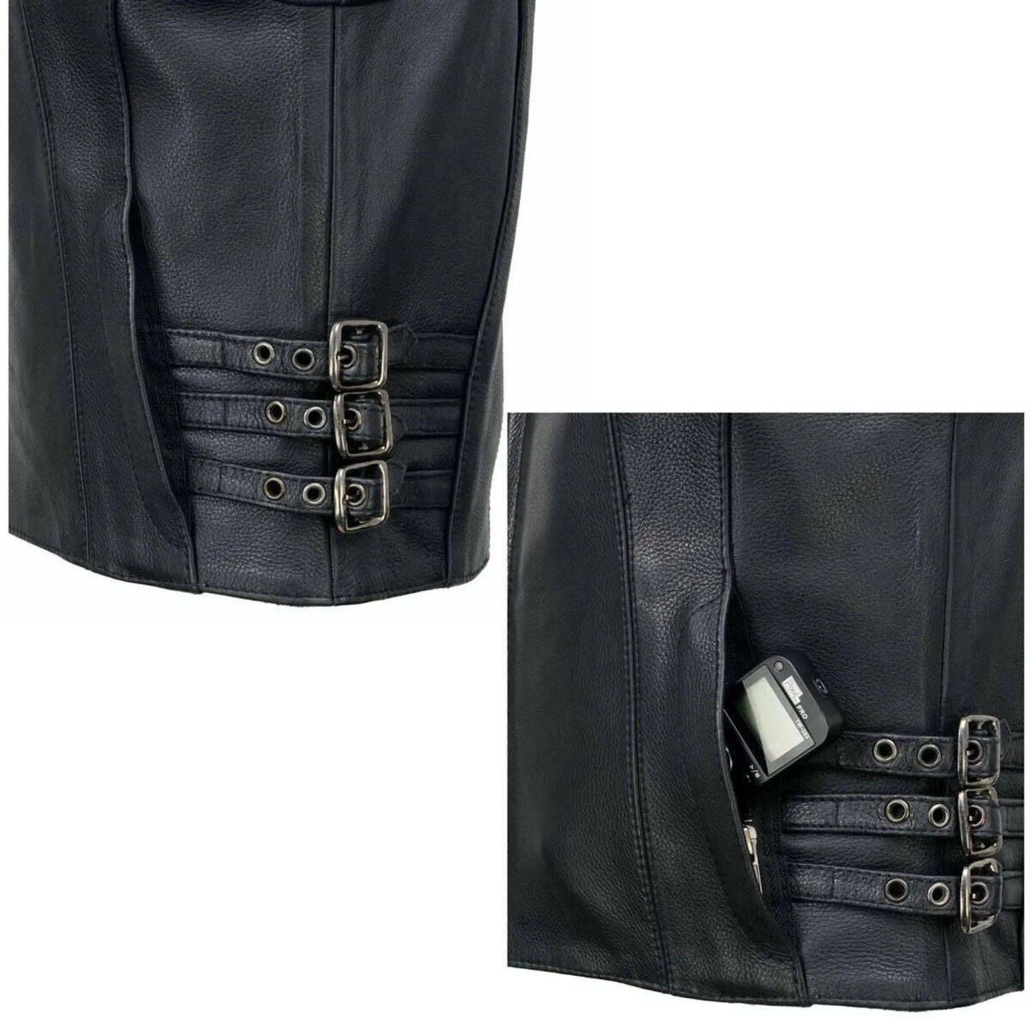 Black leather jacket with silver buckles and a pocket on a white background