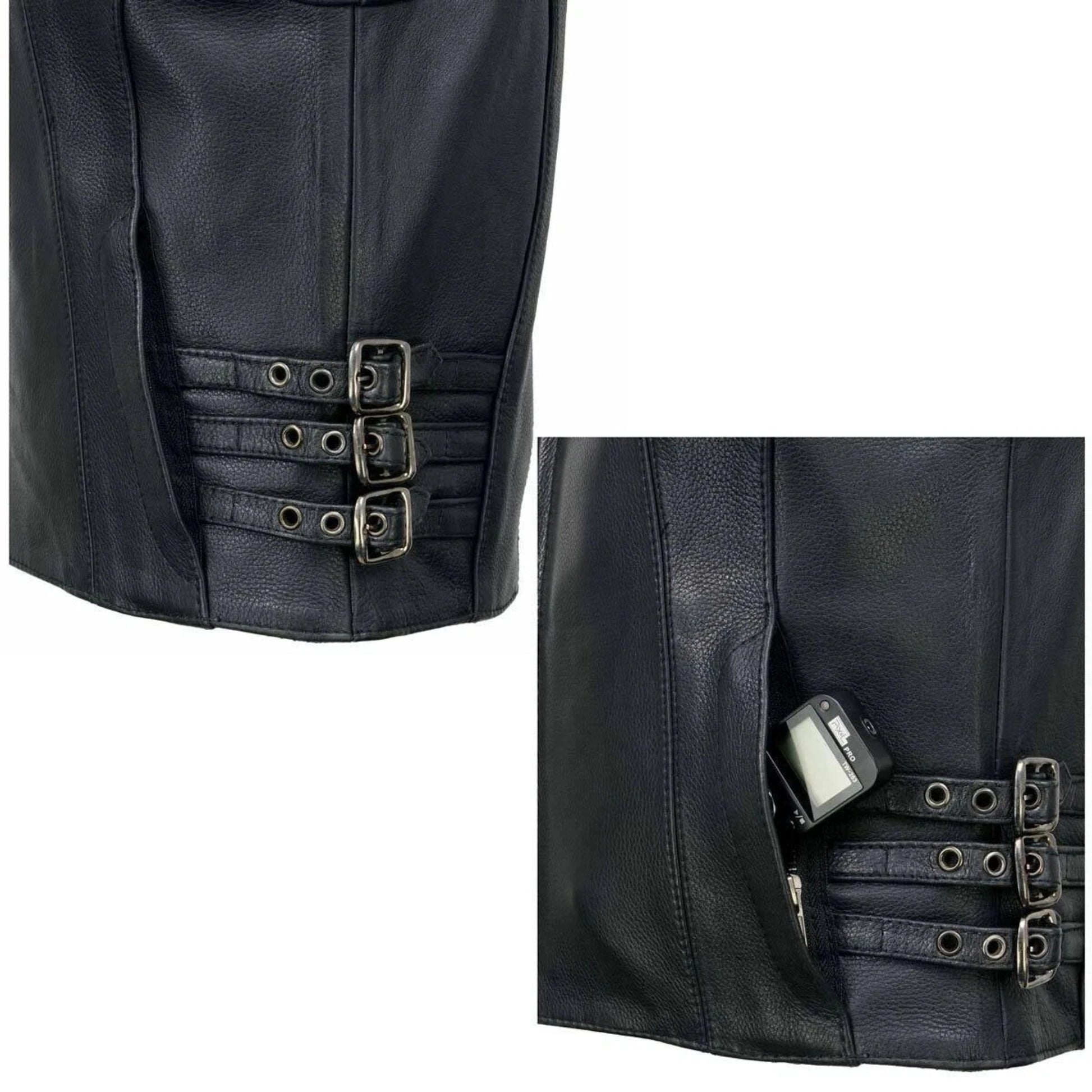 Black leather jacket with silver buckles and a pocket on a white background
