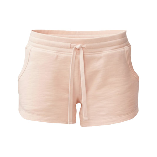 Pink shorts with a drawstring on a white background