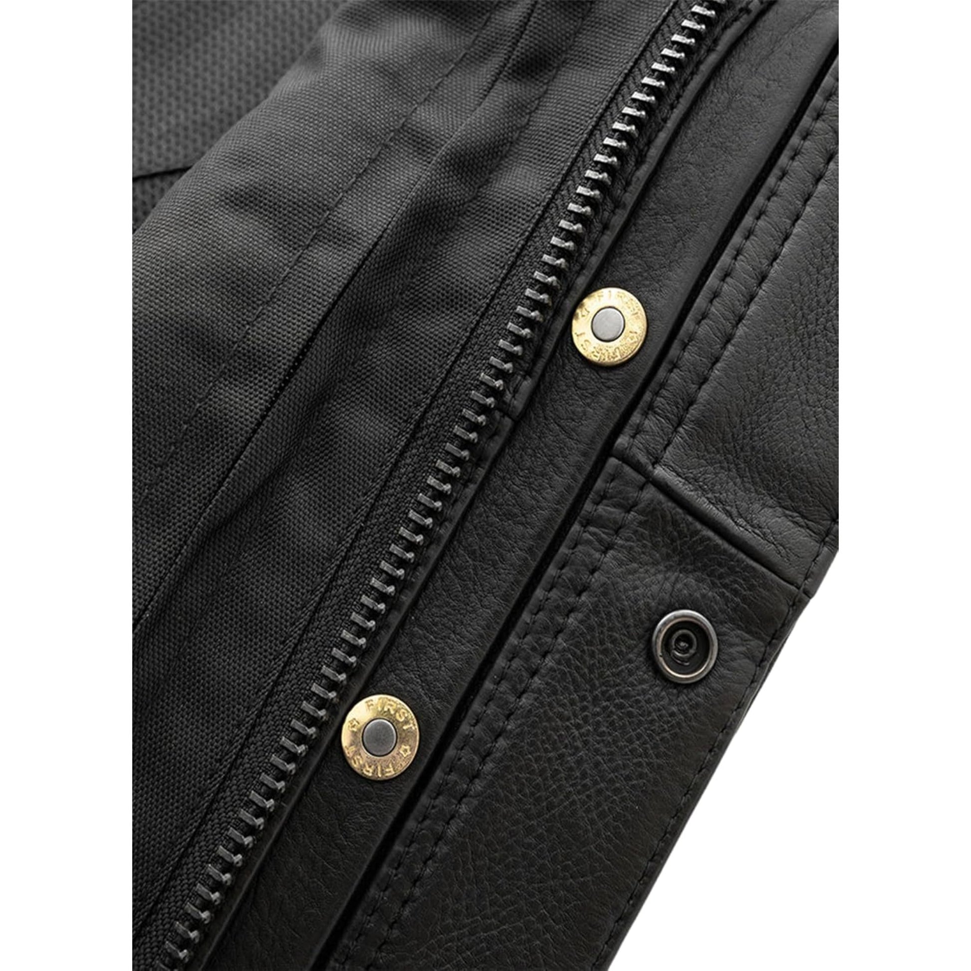 Close-up of a black leather jacket with gold zipper pulls and buttons.