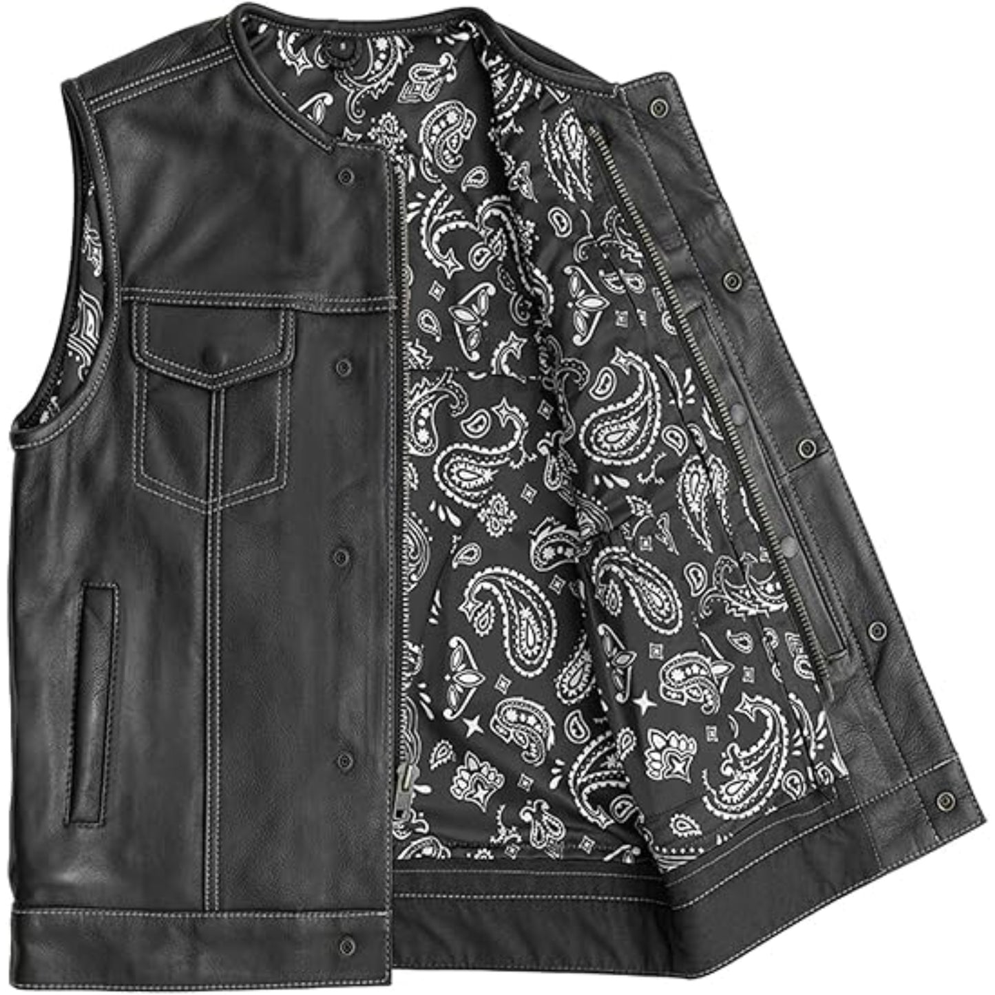 Black leather vest with paisley pattern lining on a white background