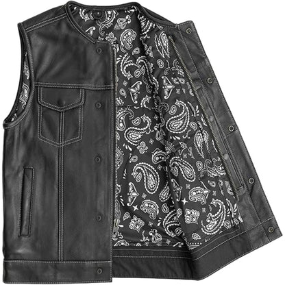 Black leather vest with paisley pattern lining on a white background