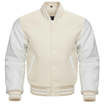Off-White & Cream Classic Varsity Letterman Athletic Bomber Jacket