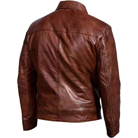 Men Premium Brown Leather Jacket Harrington Collar Style