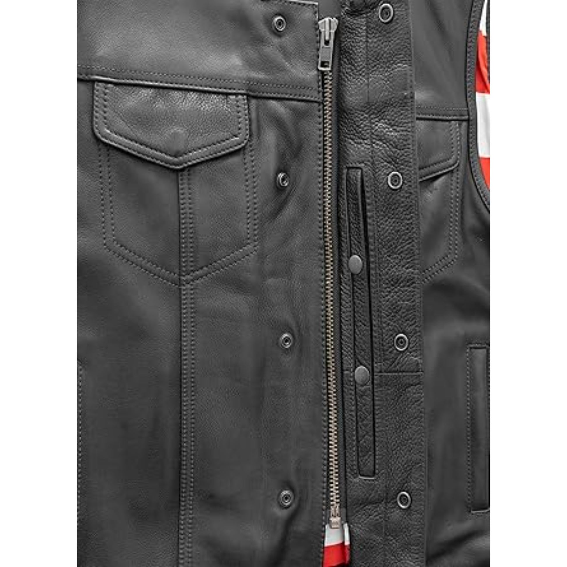 Close-up of a gray leather jacket with zippers and buttons on a white background