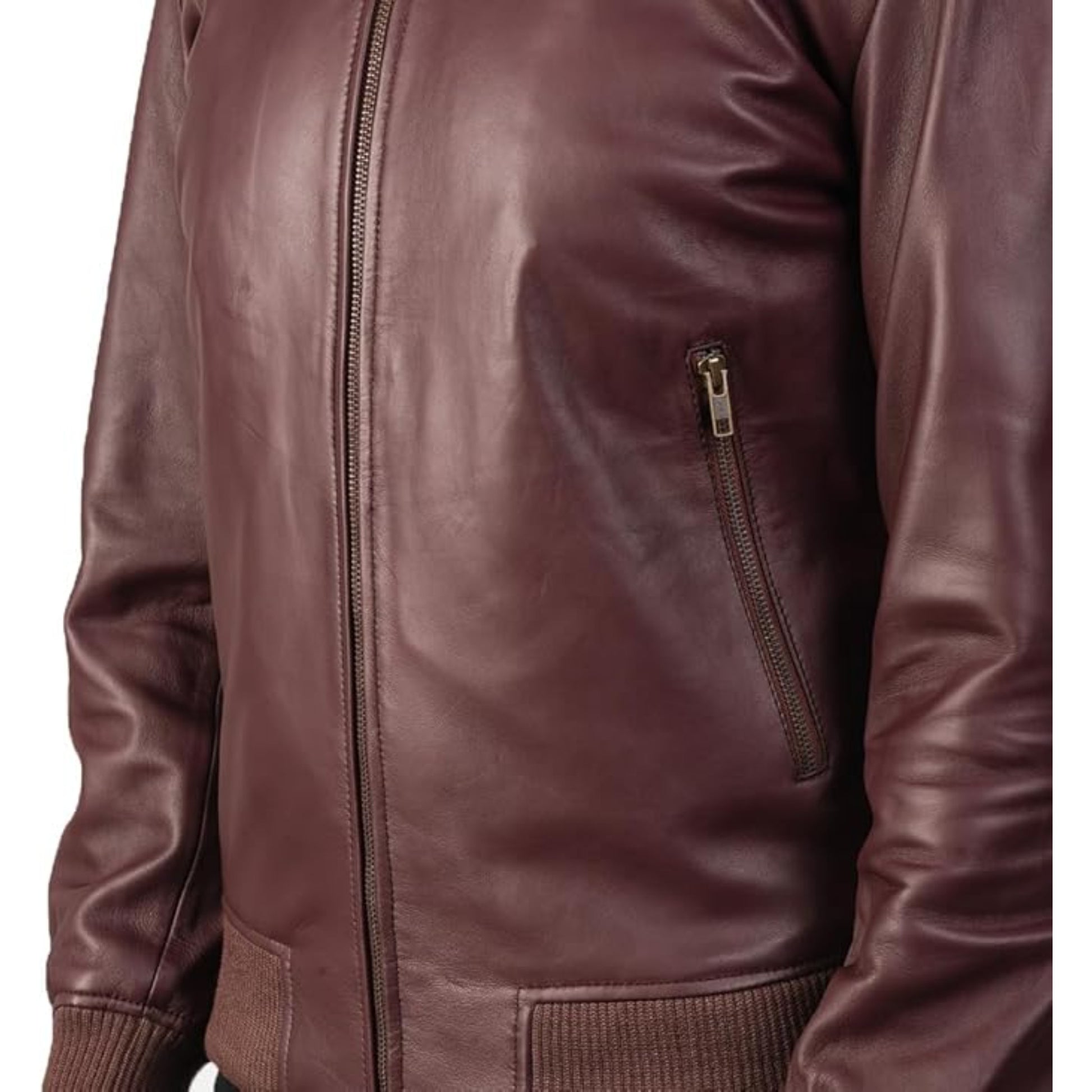 Brown leather jacket with a zipper on a white background
