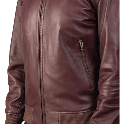 Brown leather jacket with a zipper on a white background