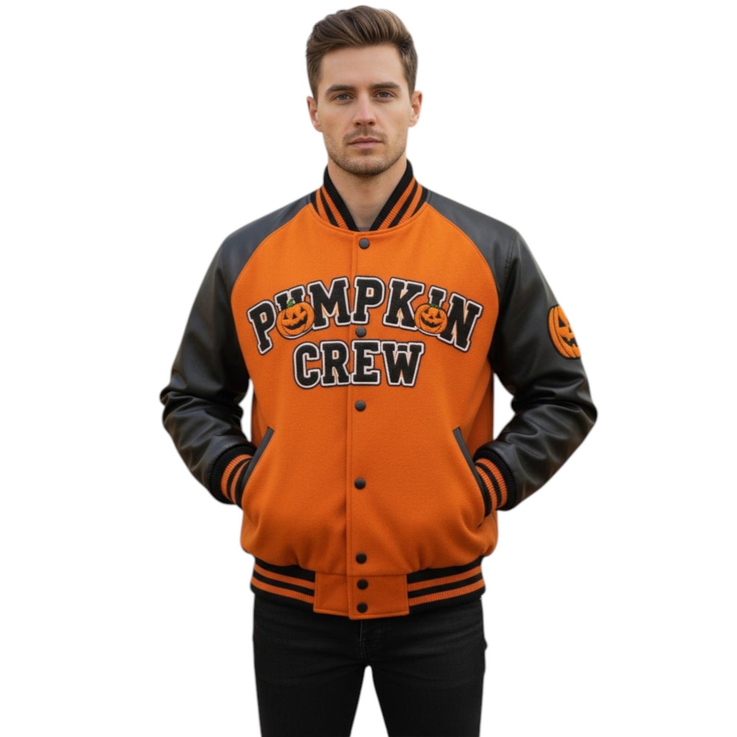 Man wearing an orange and black 'Pumpkin Crew' jacket on a white background