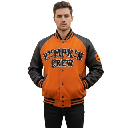 Man wearing an orange and black 'Pumpkin Crew' jacket on a white background