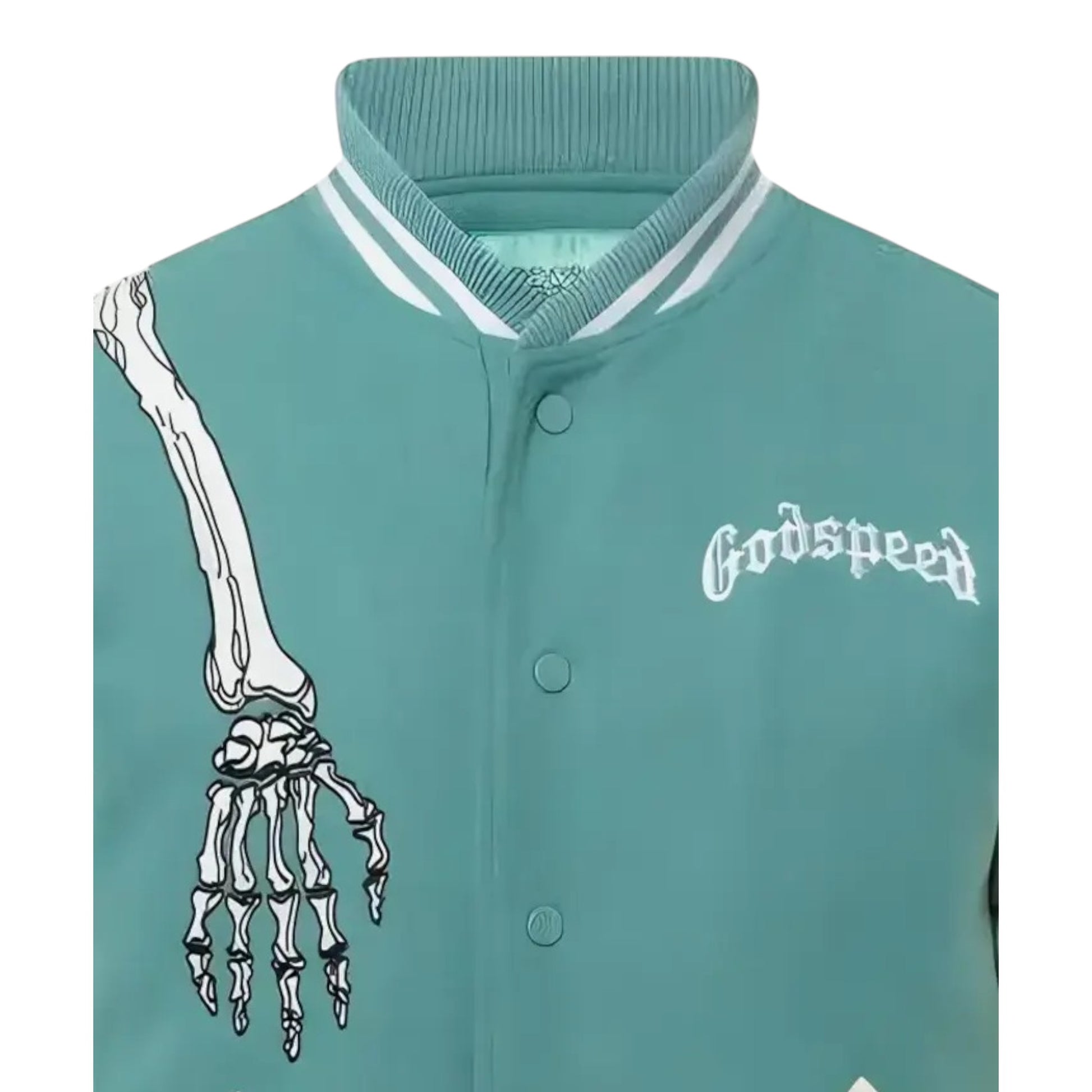 Teal varsity jacket with skeleton hand design and 'fordspeed' logo on a white background