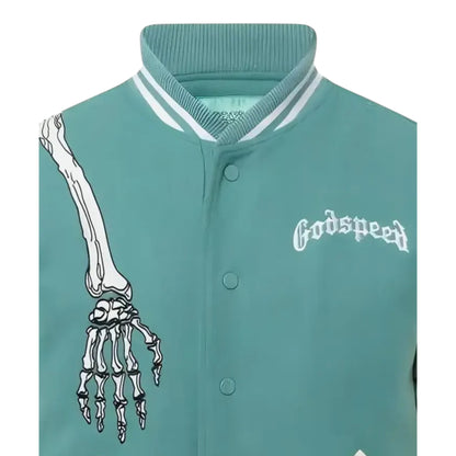 Teal varsity jacket with skeleton hand design and 'fordspeed' logo on a white background