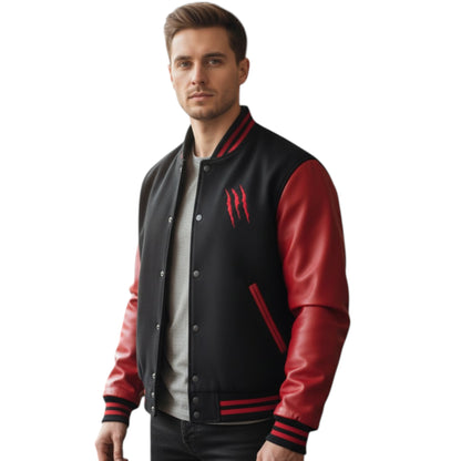 Man wearing a black and red varsity jacket with a logo on a white background