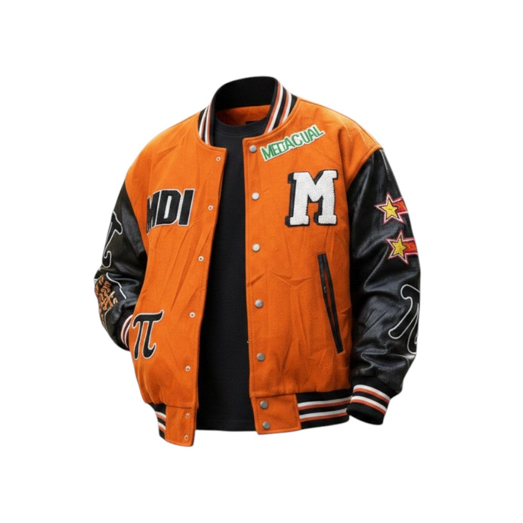 Orange and black varsity jacket with letterman design on a white background