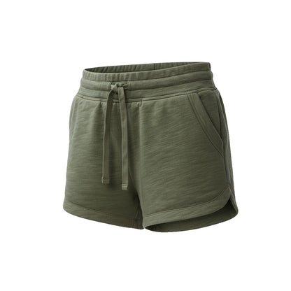 Green shorts with a drawstring on a white background