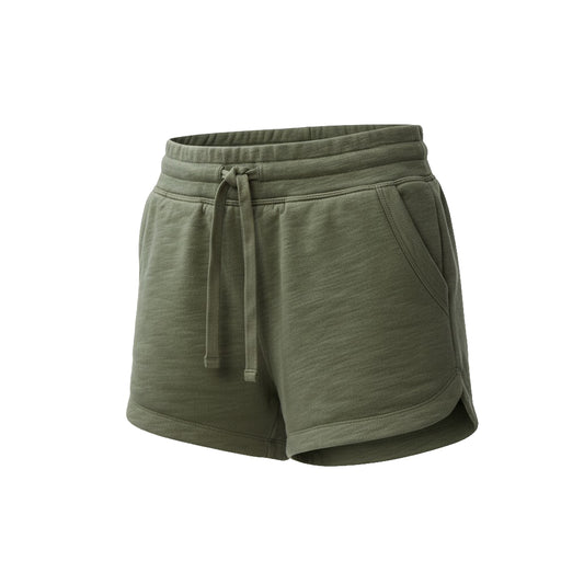 Green shorts with a drawstring on a white background