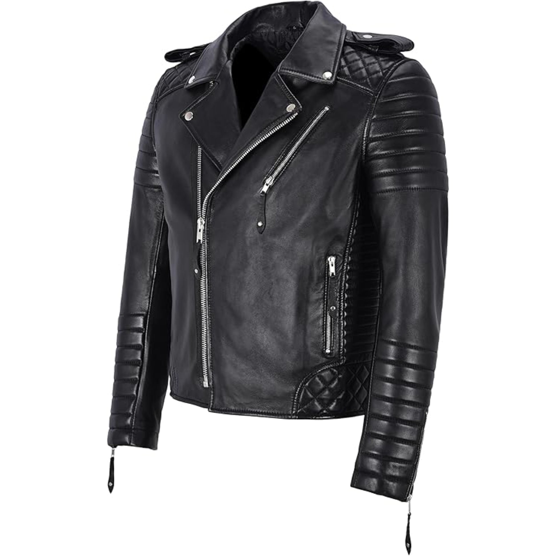 Black leather jacket with zippers on a white background