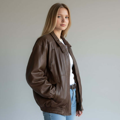 Genuine Brown Leather Vintage Bomber Jacket