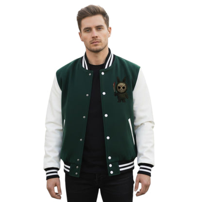 Man wearing a green and white varsity jacket with a design on a white background
