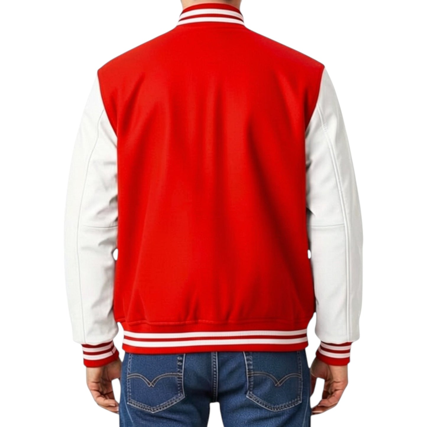 Red and white varsity jacket worn by a person on a white background