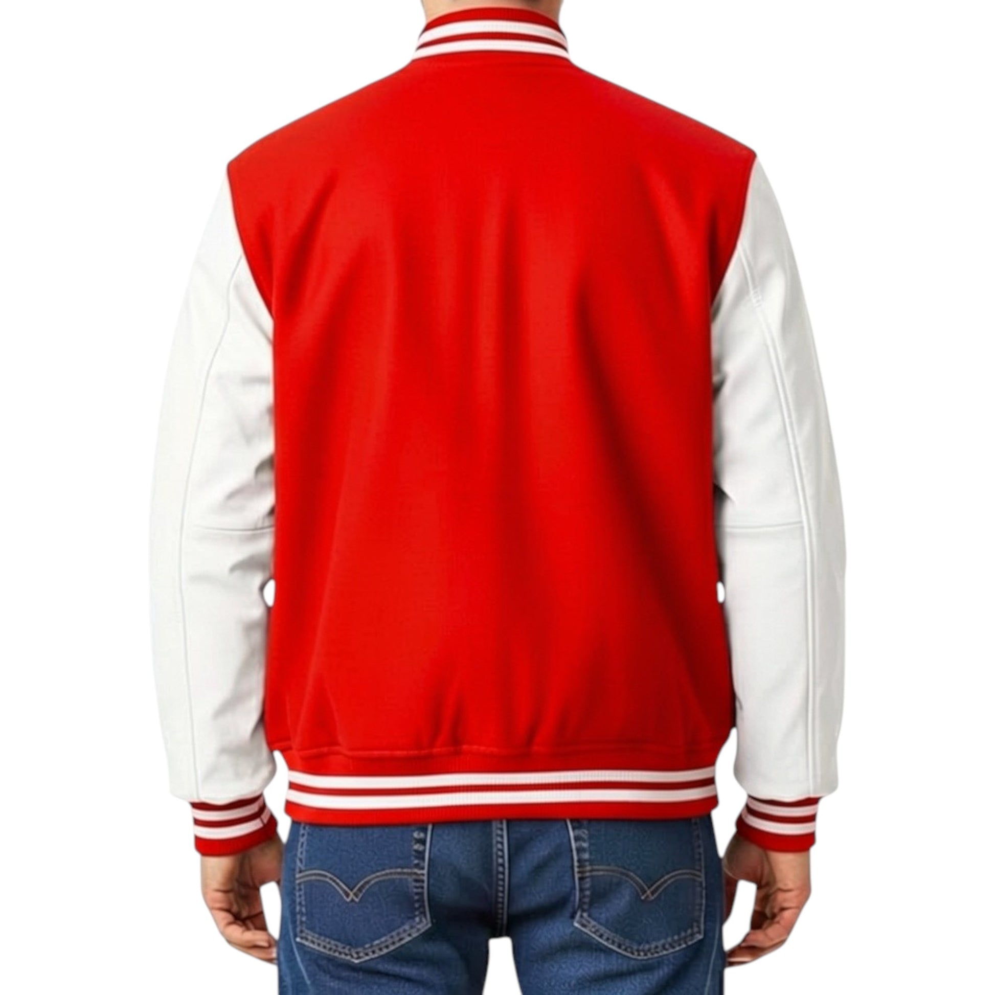 Red and white varsity jacket worn by a person on a white background