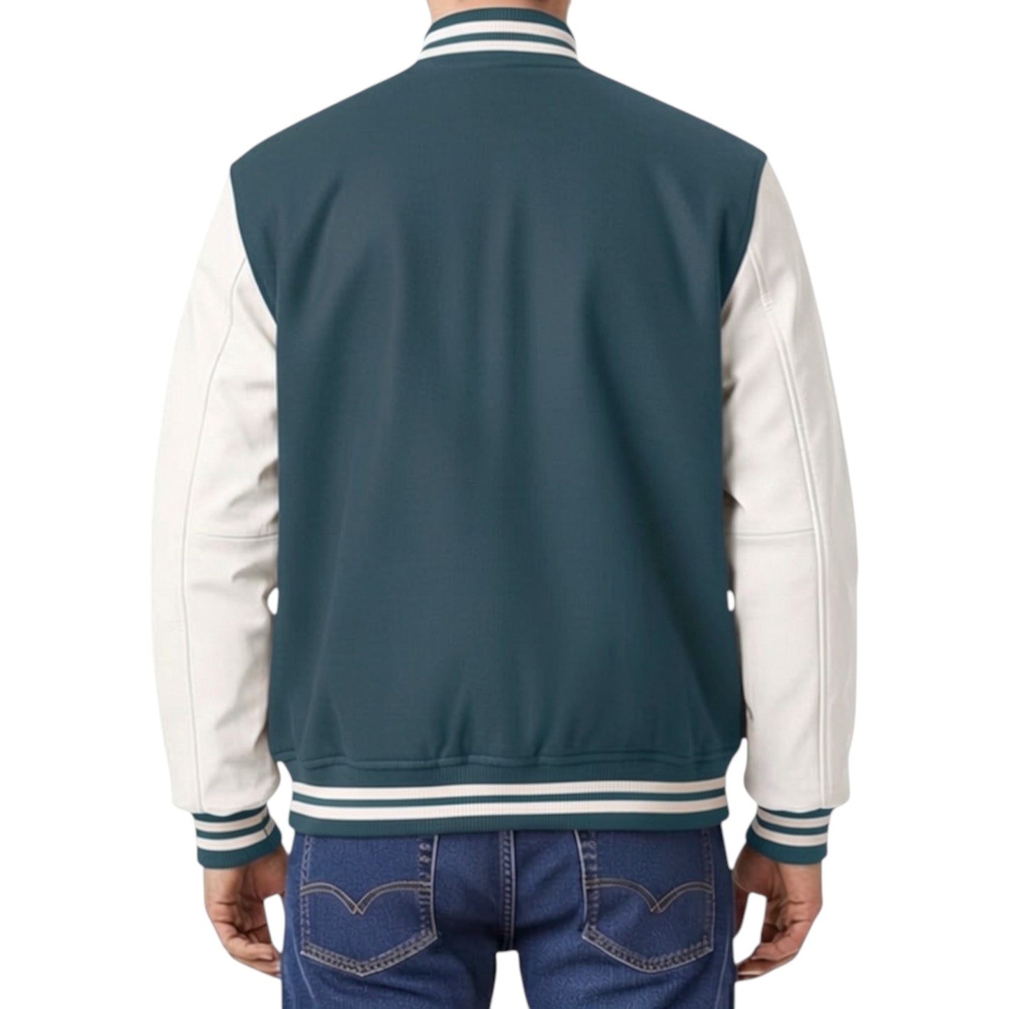 Back view of a person wearing a blue and white varsity jacket with denim pants on a white background