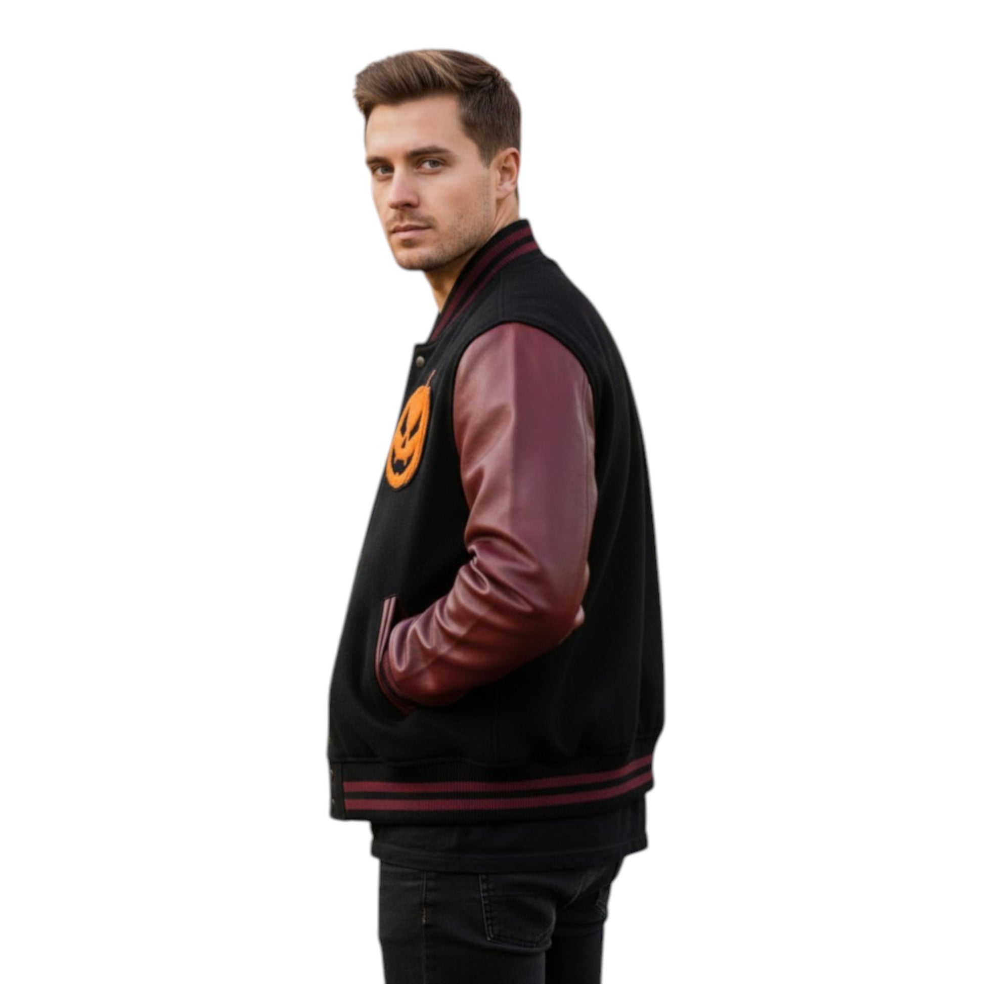 Man wearing a black and maroon varsity jacket with a pumpkin design on a white background