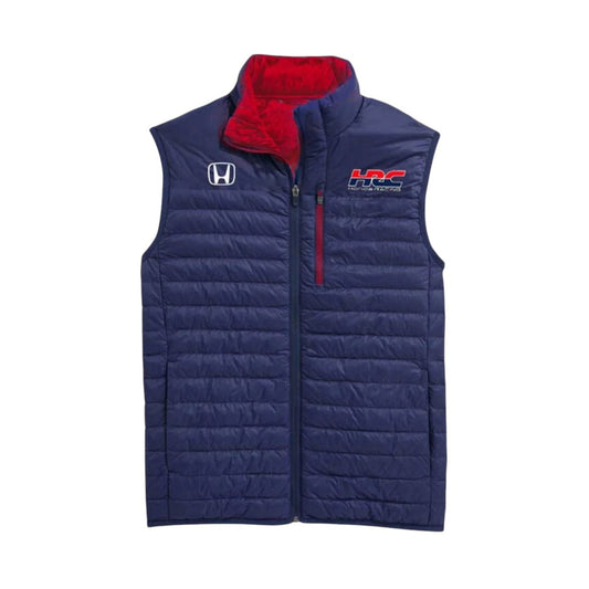 Blue puffer vest with red interior and visible branding on a white background