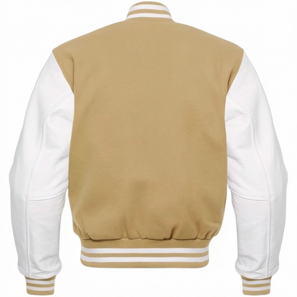 Beige and white varsity jacket on a white background
