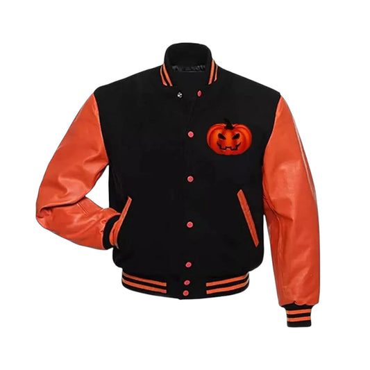 Black and orange varsity jacket with a pumpkin design on a white background