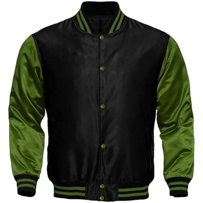 Black and green varsity jacket on a white background