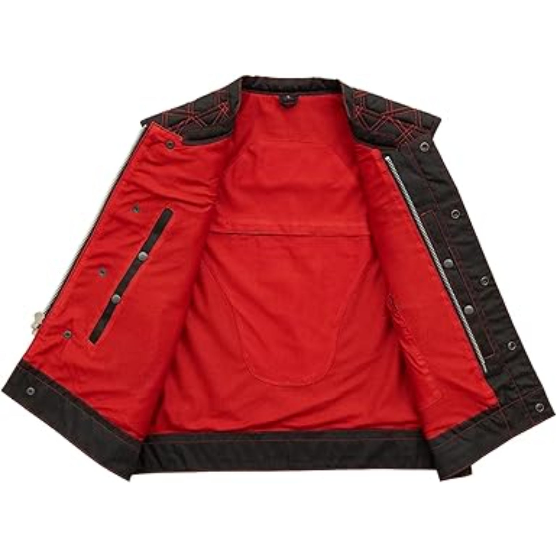 Red jacket with black accents on a white background