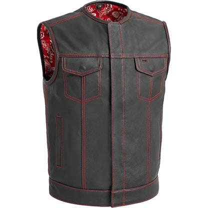 Black leather vest with red stitching on a white background