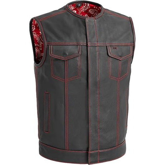 Black leather vest with red stitching on a white background