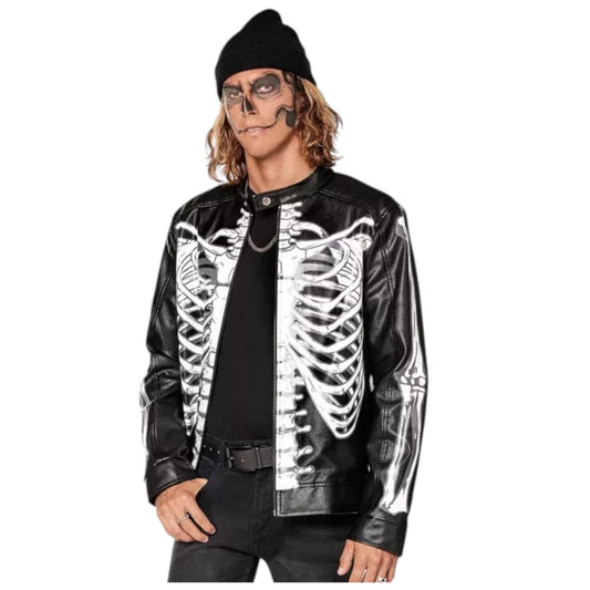 Person wearing a black leather jacket with white skeleton design on a white background