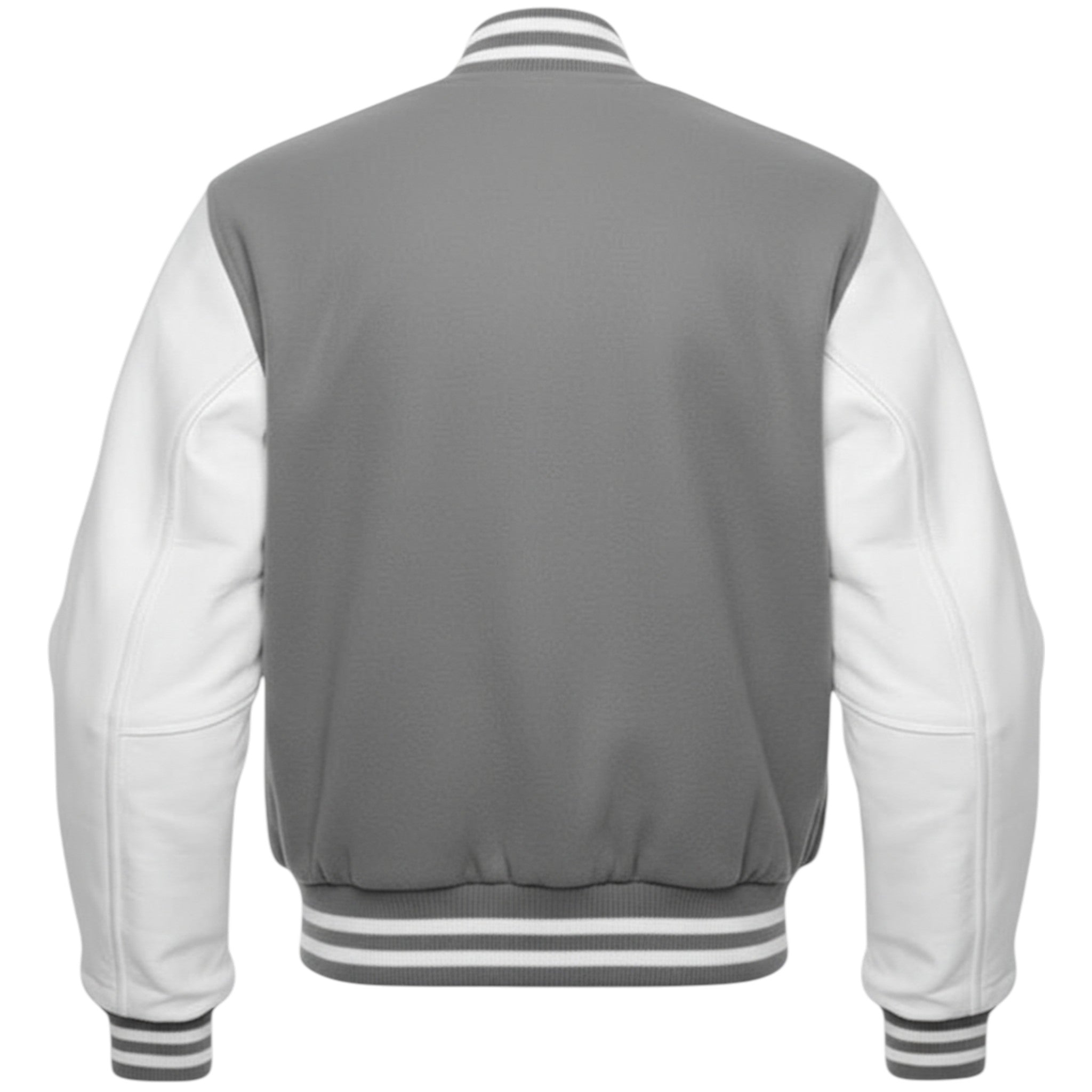 Gray and white varsity jacket on a white background