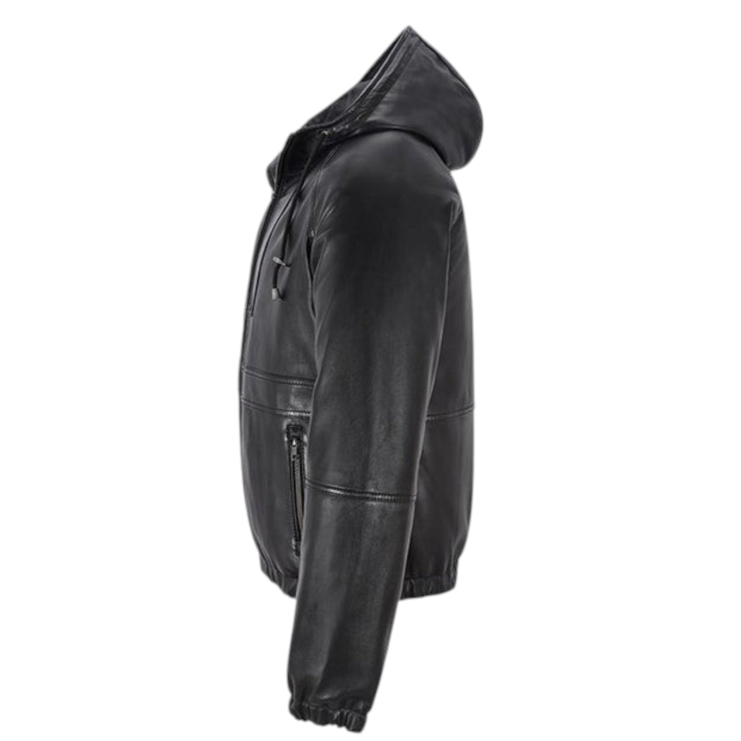 Black leather jacket with a hood on a white background