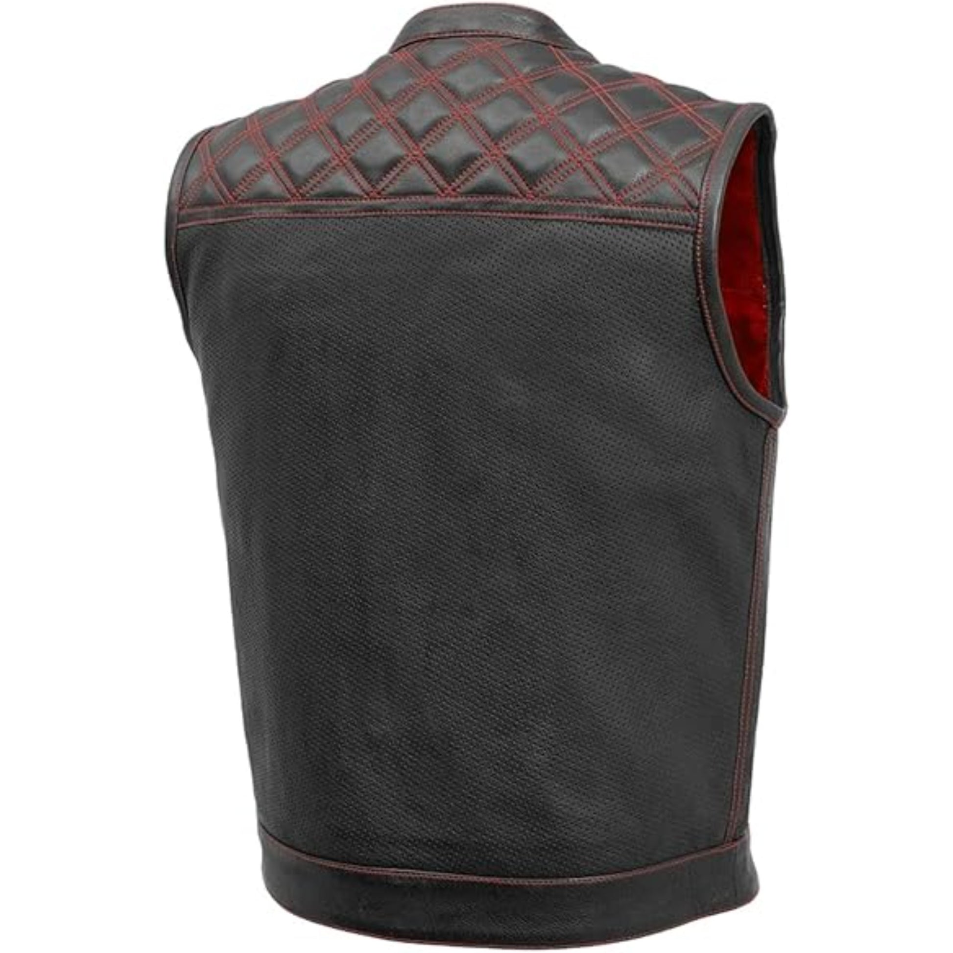 Black leather vest with quilted back design on a white background