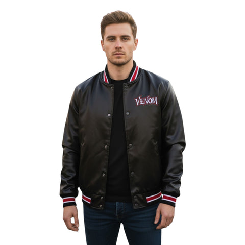 Man wearing a black 'Venom' jacket on a white background
