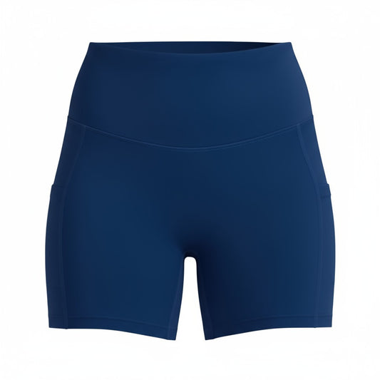 Blue athletic shorts on a white background