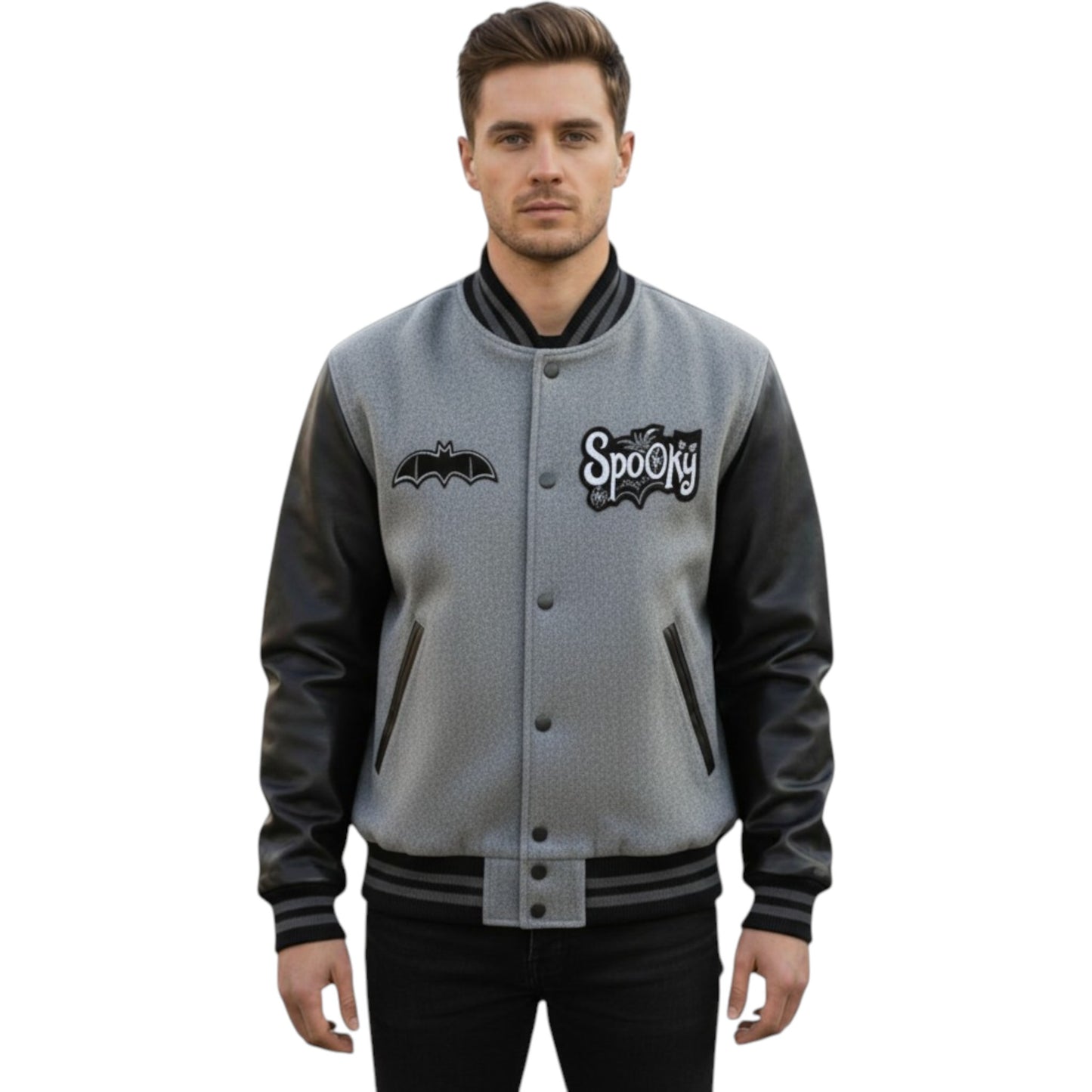 Man wearing a gray and black varsity jacket with logos on a white background