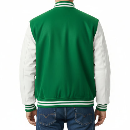 Men’s Classic Varsity Letterman Jacket Forest Green & White Bomber